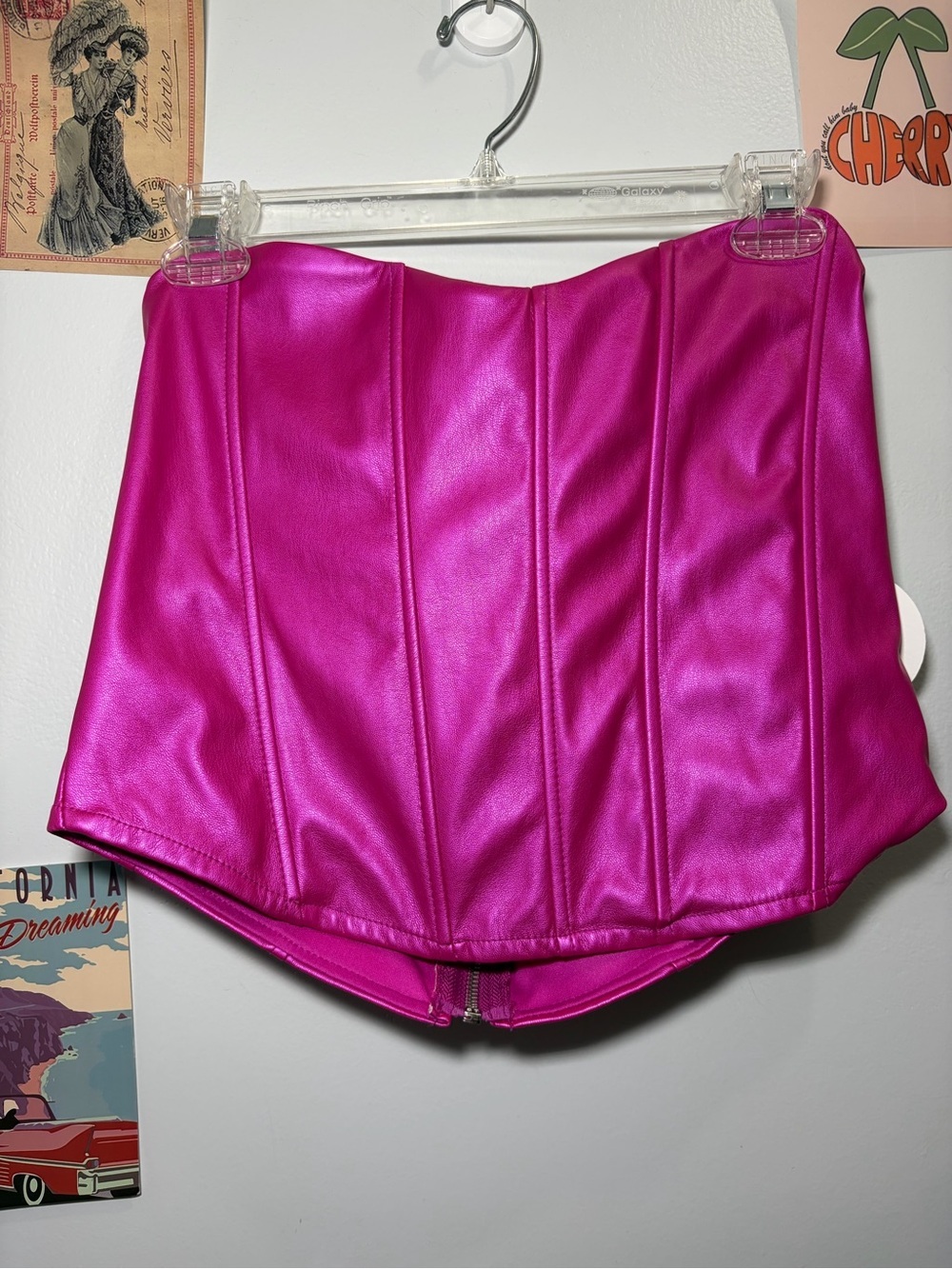 Faux Leather Strapless Corset Crop Top in Fuchsia